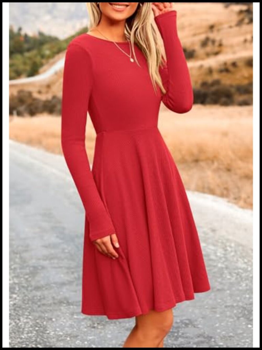 Ribbed Knit Long Sleeve A-Line Mini Sweater Dress Crewneck Stretch Casual - Picture 3 of 6